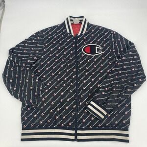 Champion Jacket All Over Print Spell‎ Out Large Black VTG Logo